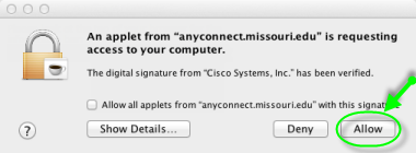 MacOS security popup requesting that the Cisco Secure Client app download have access to make changes to your computer with the Allow button highlighted