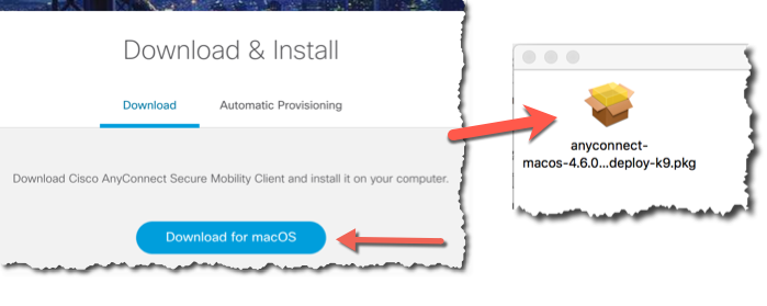Download screen for downloading Cisco Secure Client with an arrow pointing to the file downloaded