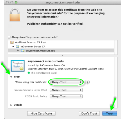 MacOS certificate trust request window with an arrow pointing to a dropdown arrow for Trust, the option always trust highlighted, and a final arrow pointing to a trust button