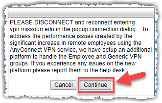 Warning to connect to vpn.missouri.edu, with the continue button highlighted