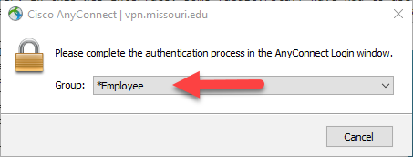 Cisco Secure Client group select window, with arrow pointing to the Employee group